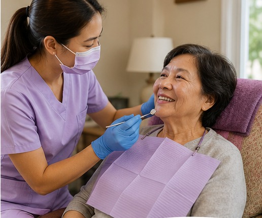 A mobile dental hygienist smiling with a patient in a household chair wearing a dental bib