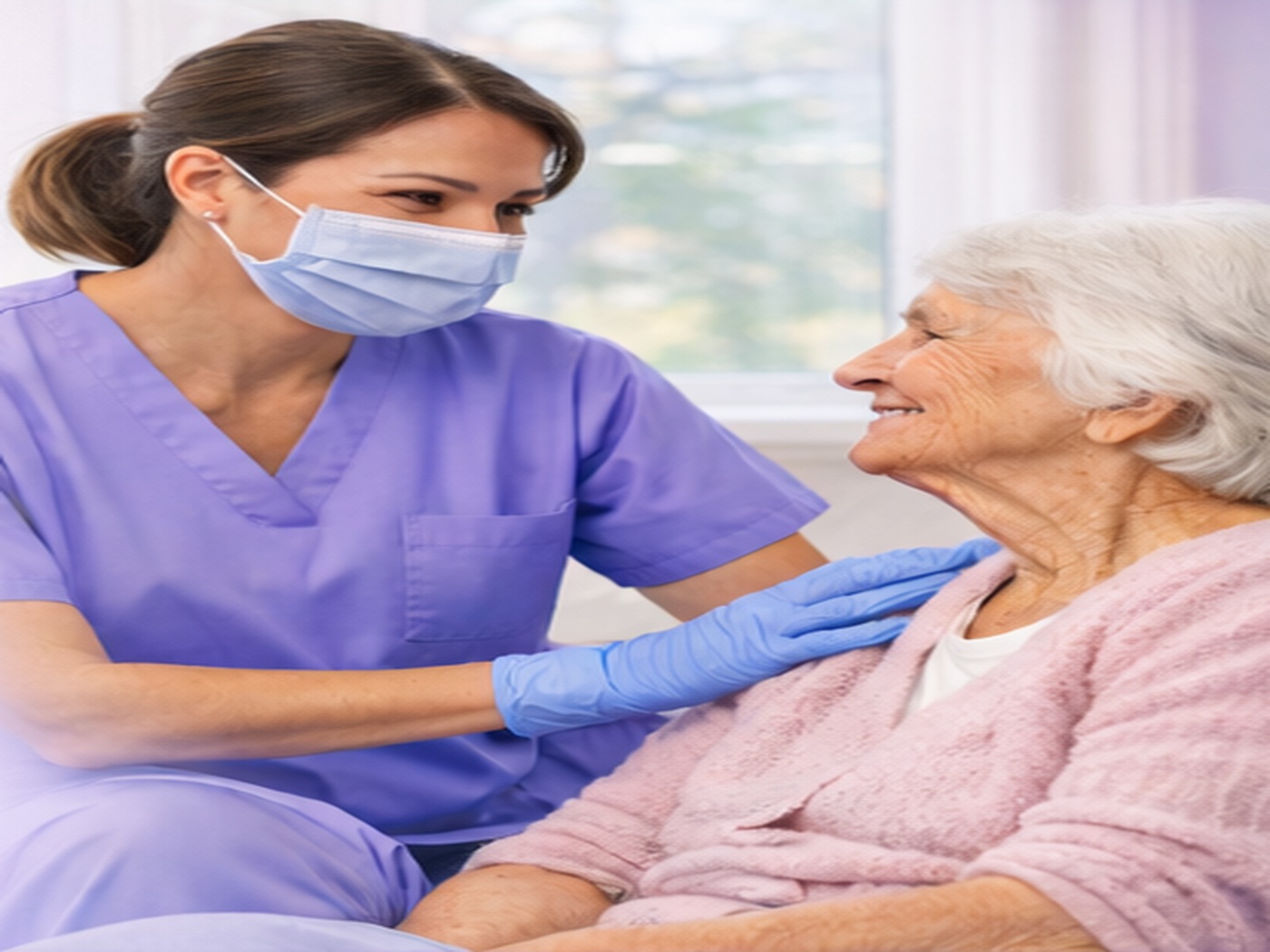 Close-up of in-home dental care visit with elderly patient