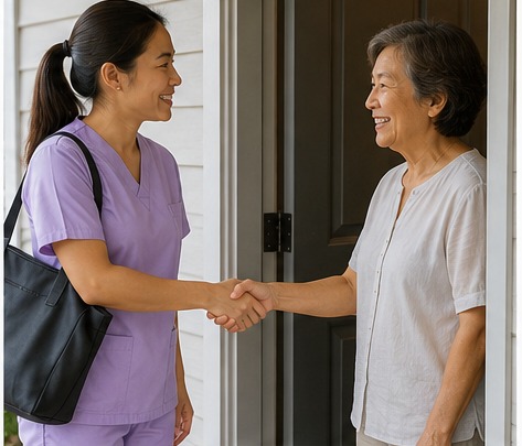 A dental hygienist in light purple scrubs greeting an elderly client at a front door