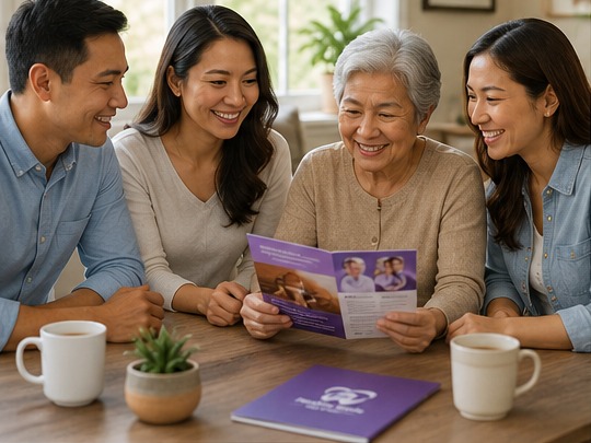 A smiling family discussing care options with an elderly loved one