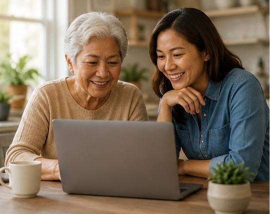 An elderly parent and adult child looking up dental options on a laptop at home