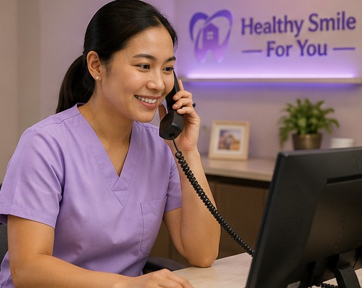 A friendly Asian or Filipino dental hygienist in light purple scrubs answering a phone at a desk